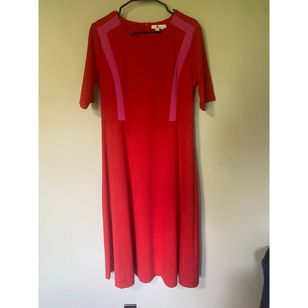 Boden Emily Ponte Red Pink Colorblock Cotton Blend Fit & Flare Dress 10 Tall - Picture 2 of 8